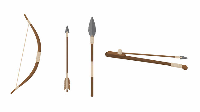 Primitive hunting tools set including bow arrow spear and wooden staff with stone tips for ancient tribal warfare or survival