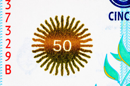 Argentine 50 pesos banknote with fragment for design. Money of Argentina. World money.