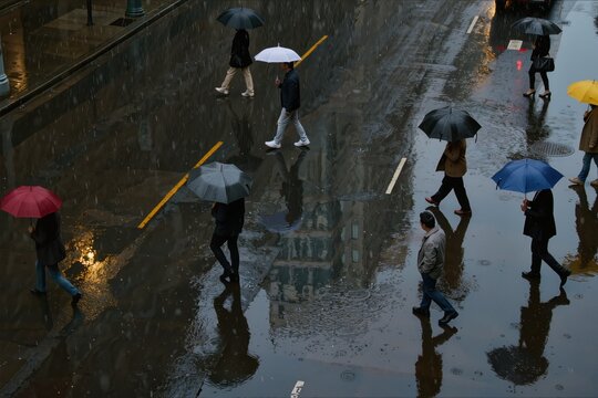 Pi&eacute;tons traversant un passage pi&eacute;ton sous la pluie avec parapluies color&eacute;s, reflets sur chauss&eacute;e mouill&eacute;e et ambiance urbaine pluvieuse