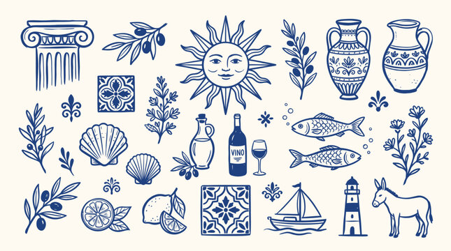 Mediterranean folk doodle collection featuring Greek column amphora sun face olive branches tiles fish sailboat lighthouse and donkey