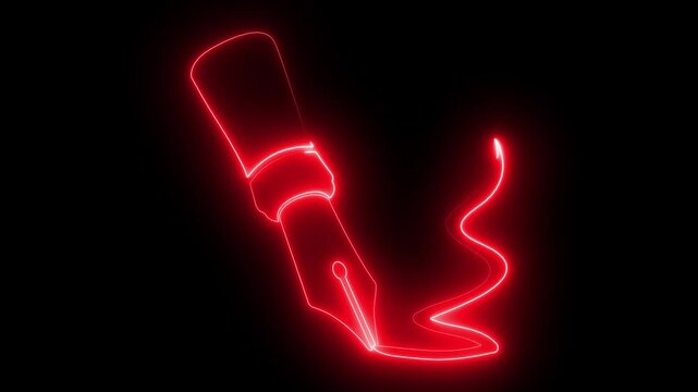 Macro shot of a fountain pen nib writing an electronic signature with a glowing pink neon light on a dark paper document, representing innovation in digital transactions elegance, office