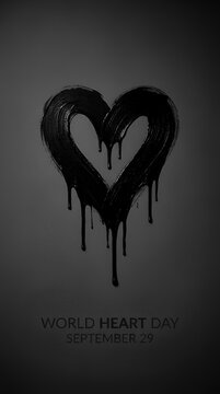 Black dripping heart icon on dark background for World Heart Day poster.