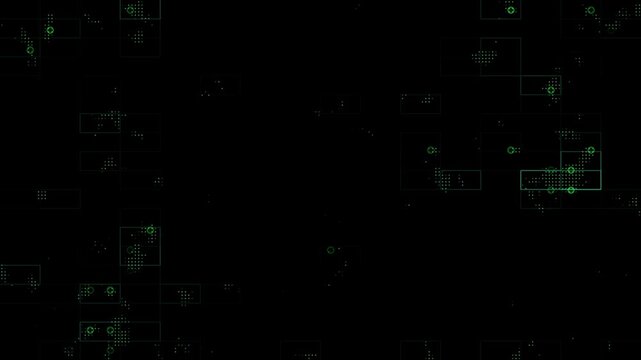 Futuristic green digital data animation with glowing particles and geometric squares moving across dark background.