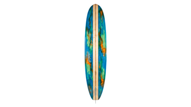 Vibrant surfboard with colorful abstract resin art design and wooden stringer on transparent background