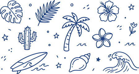 Tropical summer doodle collection with monstera palm frond cactus hibiscus plumeria surfboard seashell and rolling ocean waves © Ayesha