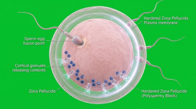Sperm cell fertilizing an egg. Biological diagram of polyspermy block and cortical reaction.