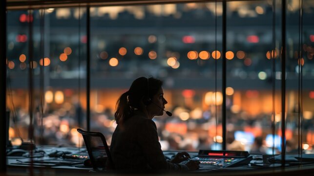 View through the window of an interpreter booth with layered depth and atmospheric lighting, authentic lifestyle and wellbeing concept