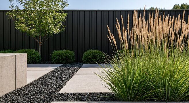 Modern minimalist garden with concrete, gravel, and tall grass
