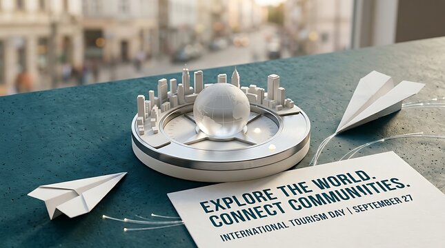 Conceptual cityscape globe with paper airplanes for international tourism day celebration