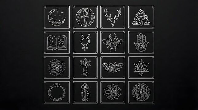Grid of sixteen mystical and occult symbols in white line art on a black background