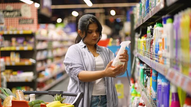 Young indian woman choosing household cleaning products in supermarket aisle
