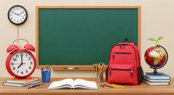 Back to school classroom setup with supplies and clock. Education theme flat lay with backpack, books, and apple on wooden desk.
