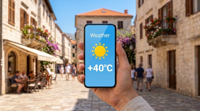 Hand holding a smartphone displaying a weather forecast with 40&deg;C on a sunny historic city street. Concept of heatwave alerts, mobile weather apps, urban heat and hot weather