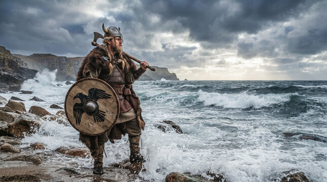 Guerrero vikingo con espada y escudo sobre una costa rocosa mientras el mar embravecido golpea los acantilados bajo un cielo tormentoso de gran dramatismo.