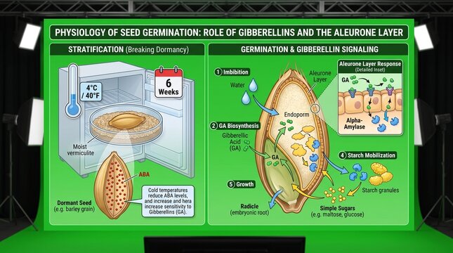 Seed germination physiology diagram. Botanical infographic showing stratification process.
