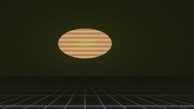 Abstract Retro Synthwave Grid Landscape With Glowing Striped Sun Sphere