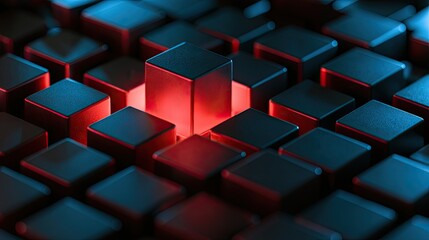 Obraz premium Abstract grid of dark cubes, one illuminated by red light