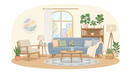 Obraz premium Cozy Living Room with Blue Sofa and Plants
