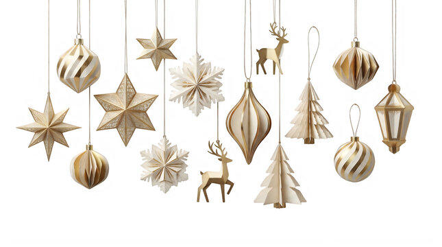 Set of gold and white hanging christmas ornaments and wooden decorations for holiday season