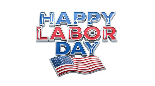 Happy labor day text sign with a waving american flag design element