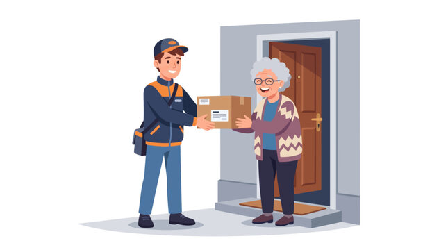 Delivery Service: A friendly delivery person hands a package to an elderly woman at her doorstep, representing helpful service and community connection.
