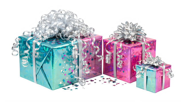Blue and pink gift boxes with silver ribbons and bows for holidays and birthday celebrations