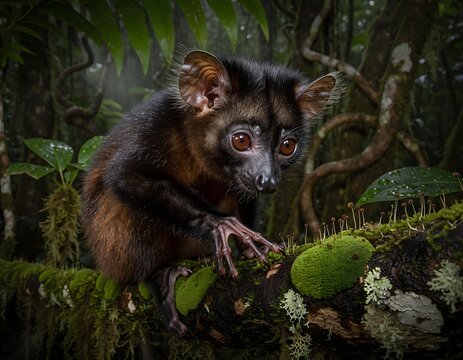 Aye-Aye Lemur in Madagascar Rainforest &ndash; Rare Nocturnal Wildlife Portrait.
Ultra-realistic wildlife photograph of a wild aye-aye (Daubentonia madagascariensis) perched on a tree branch
