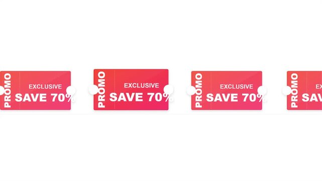 Red seventy percent off promo coupons moving across white background