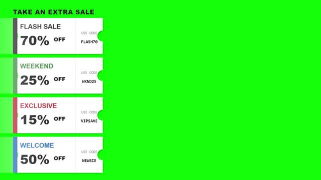 Retail discount coupons and tickets sliding on green screen