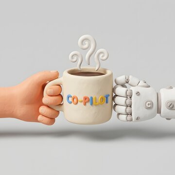 Human hand and robot arm holding a coffee mug. AI collaboration and partnership concept.