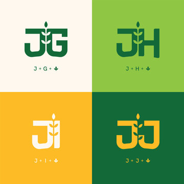 Set of initials letter JG, JH, JI, and JJ with grow plant leaf logo design collections