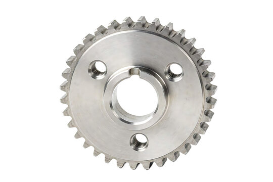 Circular metal gear with teeth and three mounting holes, industrial mechanical component, isolated on a white background, studio shot