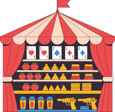 Carnival game booth with prizes and playing vector illustration