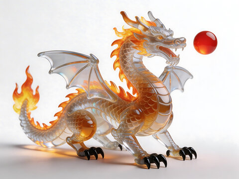 Glass dragon sculpture with fire
