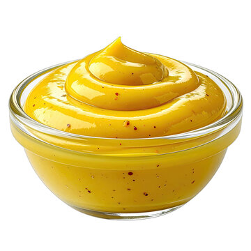 A vibrant yellow mustard sauce is artfully swirled in a clear glass bowl against a stark black background.