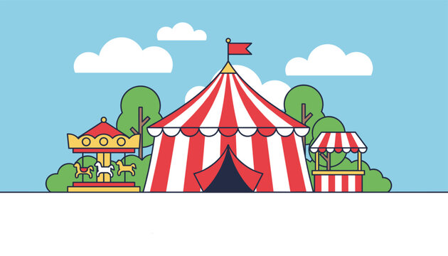Red and white striped circus tent surrounded by carousel ride and carnival booth under blue sky with clouds.