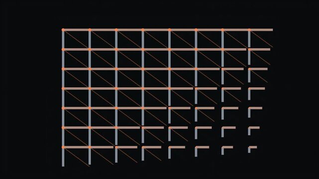 Abstract animated steel frame assembling beam by beam drawn as magenta and pink glowing lines and dots on a deep dark background. Clean minimal motion graphics element with free space around it, ideal