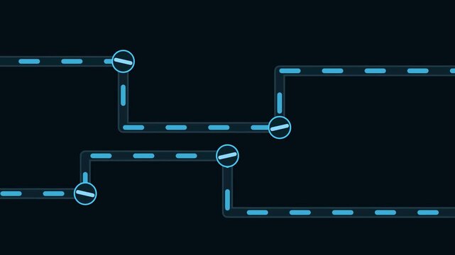 Abstract animated flow moving through pipeline valves drawn as cyan and teal glowing lines and dots on a deep dark background. Clean minimal motion graphics element with free space around it, ideal fo