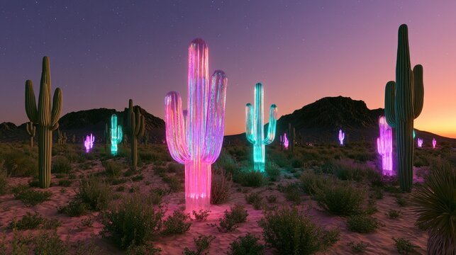 Illuminated desert saguaros glow with vibrant neon light at twilight