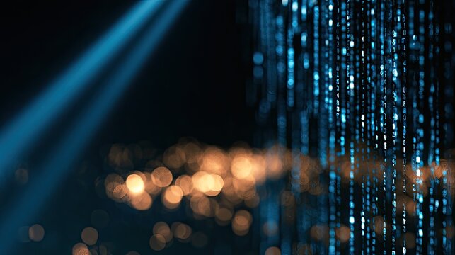 Abstract digital rain and blurred golden lights in moody blue tones