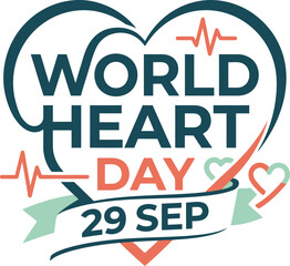 Fototapeta premium World heart day vector design with cardiology ecg pulse line ribbon 29 sep date sign