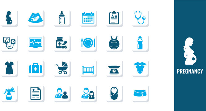 Set of pregnancy and maternity icons representing baby care items and motherhood health related symbols