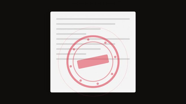 Abstract animated approval stamp landing on a document drawn as magenta and pink glowing lines and dots on a deep dark background. Clean minimal motion graphics element with free space around it, idea