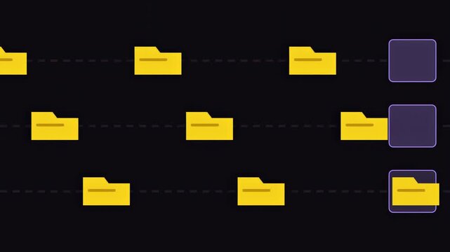 Abstract animated documents routing between folders drawn as amber and gold glowing lines and dots on a deep dark background. Clean minimal motion graphics element with free space around it, ideal for