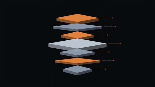 Abstract animated assembly exploding into its parts drawn as amber and orange glowing lines and dots on a deep dark background. Clean minimal motion graphics element with free space around it, ideal f