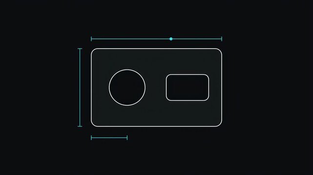 Abstract animated dimension lines measuring a drawing drawn as cool blue-white glowing lines and dots on a deep dark background. Clean minimal motion graphics element with free space around it, ideal 