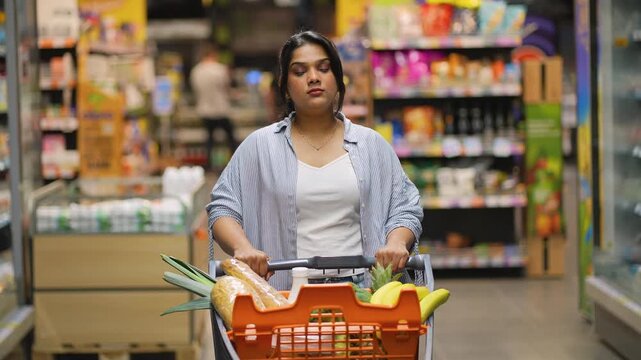 Indian woman pushing shopping cart in supermarket aisle