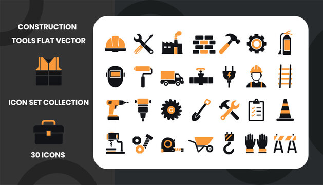 Construction Tools Flat Vector Icon Set Collection for Industrial Safety Equipment, Engineering Machinery, Building, Maintenance, Repair, and Infrastructure Design