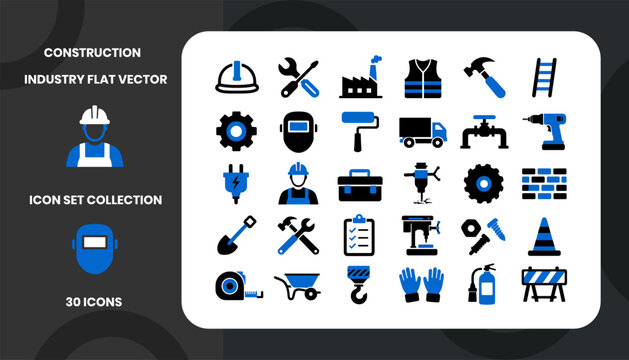 Construction Industry Flat Vector Icon Set Collection for Engineering Tools, Safety Equipment, Industrial Machinery, Building, Maintenance, Repair, and Infrastructure Design