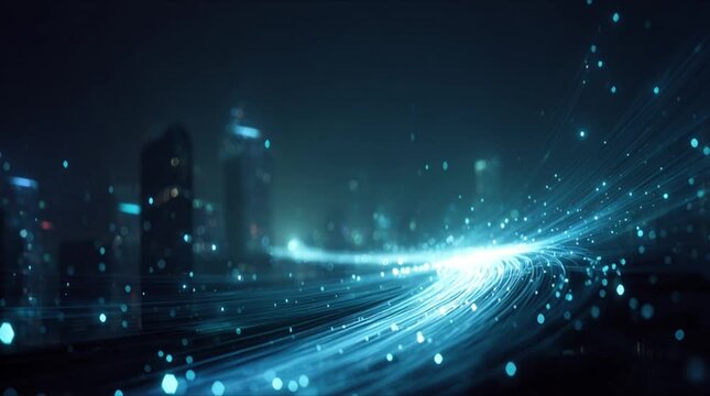 Glowing blue fiber optic threads and high-speed data flow across cyber night city (AI Generated)
